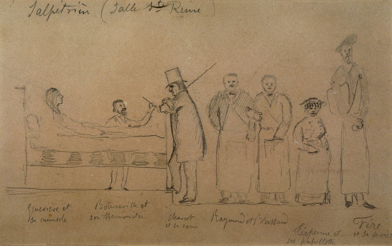 Charcot and his students: patient Genevieve in a camisole, Doctor Desire Magloire Bourneville with a thermometer, Jean Martin Charcot, Raymond and Brissaud, Me Tirperme and Charles Fere. Holy Queen Room, Salpetriere Hospital by French School