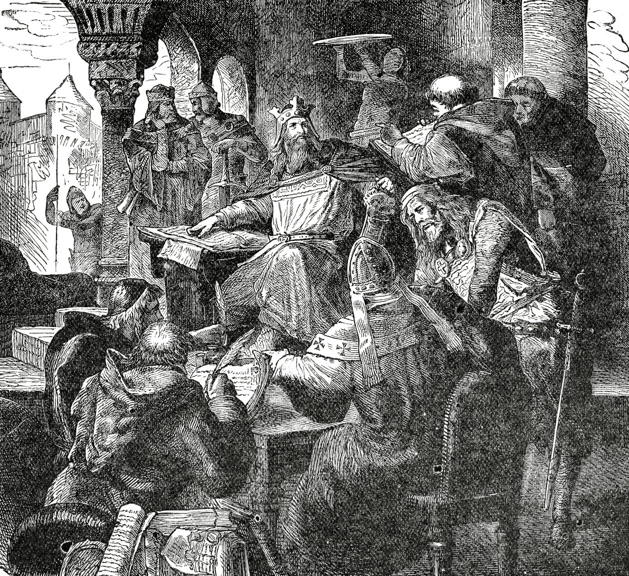Charlemagne with pupils and teachers of his Palace School at Aachen, c.1890 by French School