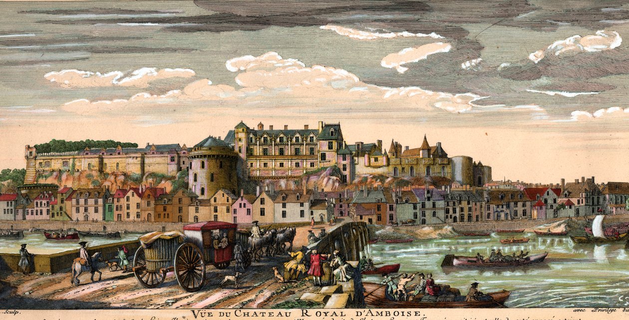 Chateaux de la Loire: view of the castle of Amboise in Indre and Loire in the 18th century. Epoque engraving. Private Collection by French School