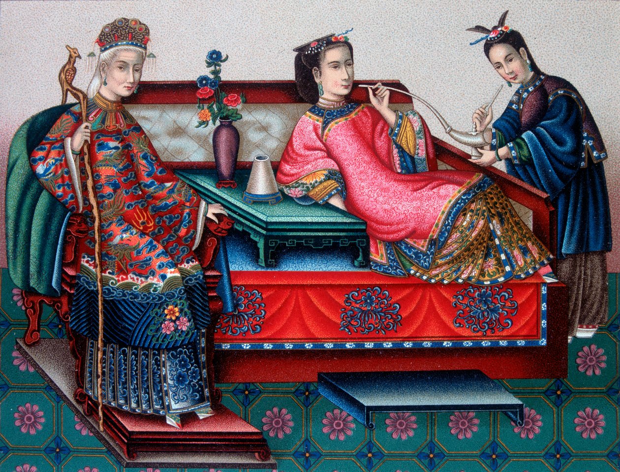Chinese noble women smoking opium - in The historical costume by Racinet by French School