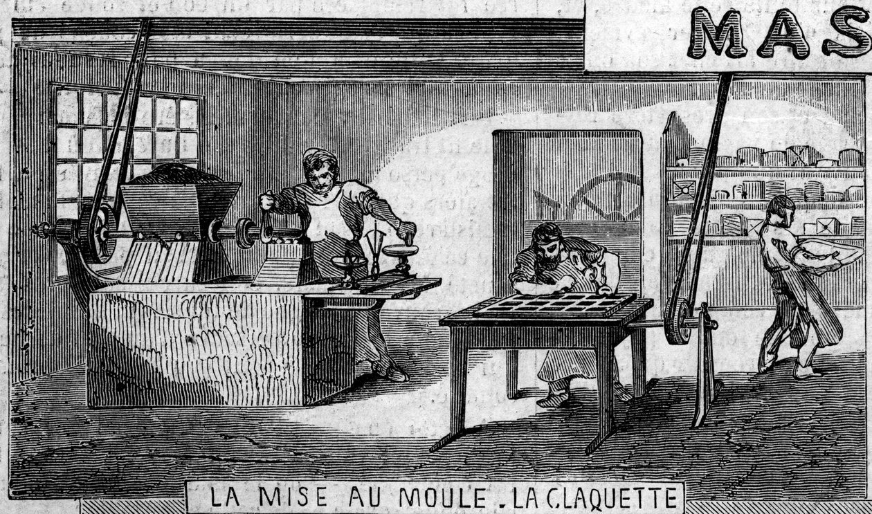 Chocolate manufacturing: weighing and mould, tap. Usine de M. Masson, Paris by French School