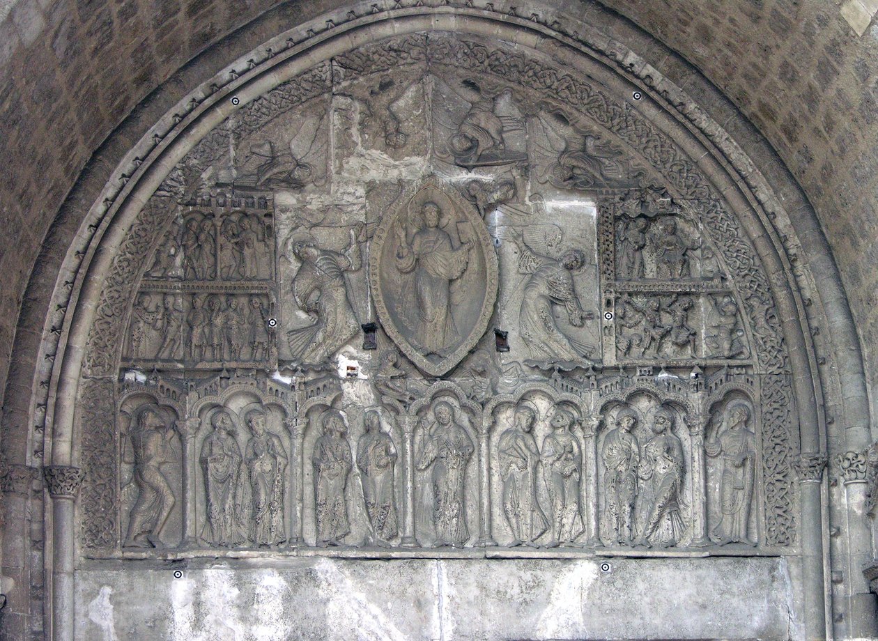 Christ with two angels and scenes from the life of St. Etienne, from the north door by French School