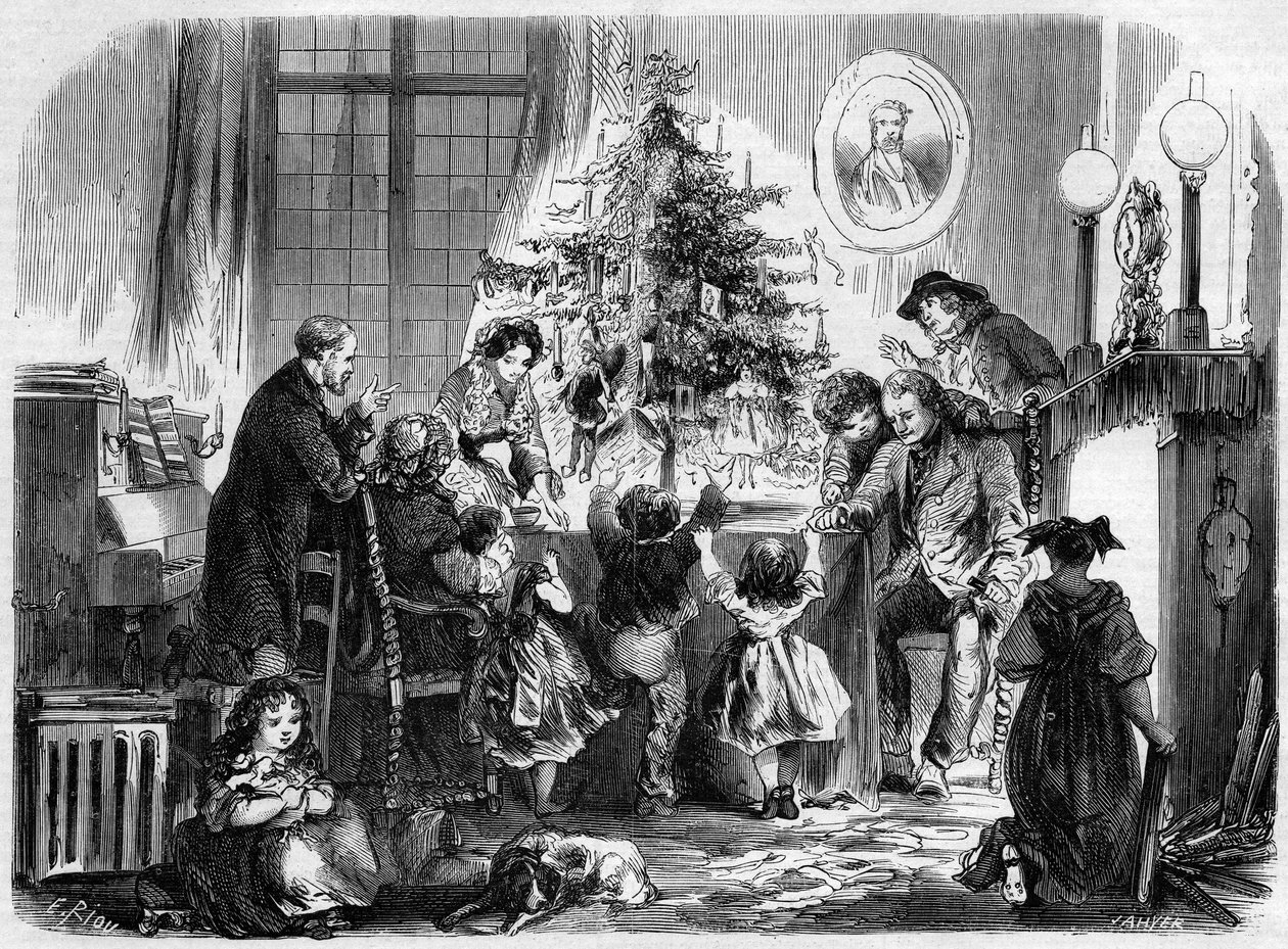 Christmas party in Alsace: a family reunited around the Christmas tree (engraving in 
