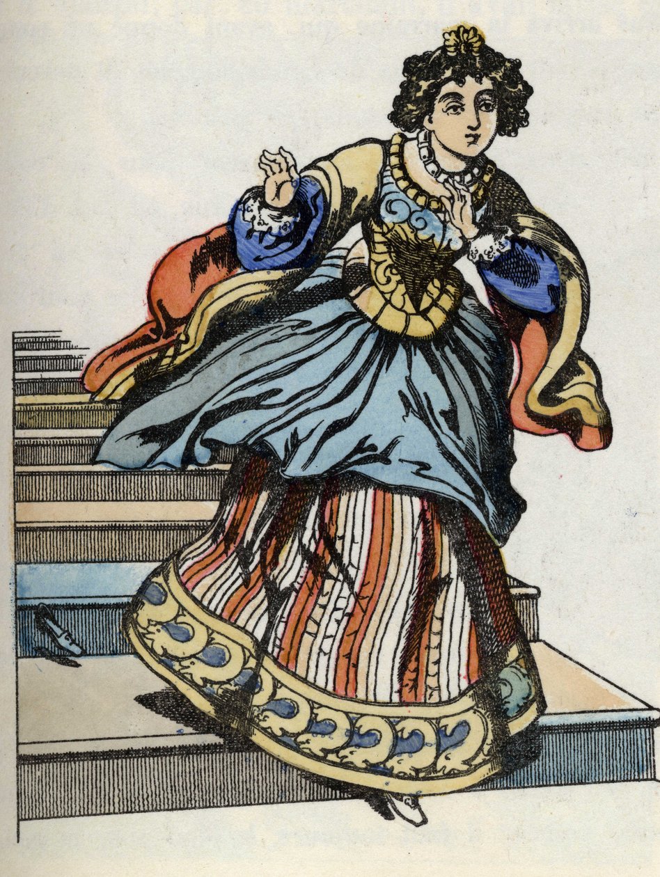 Cinderella fleeing from the ball, appears her glass shoe. Illustration of Charles Perrault