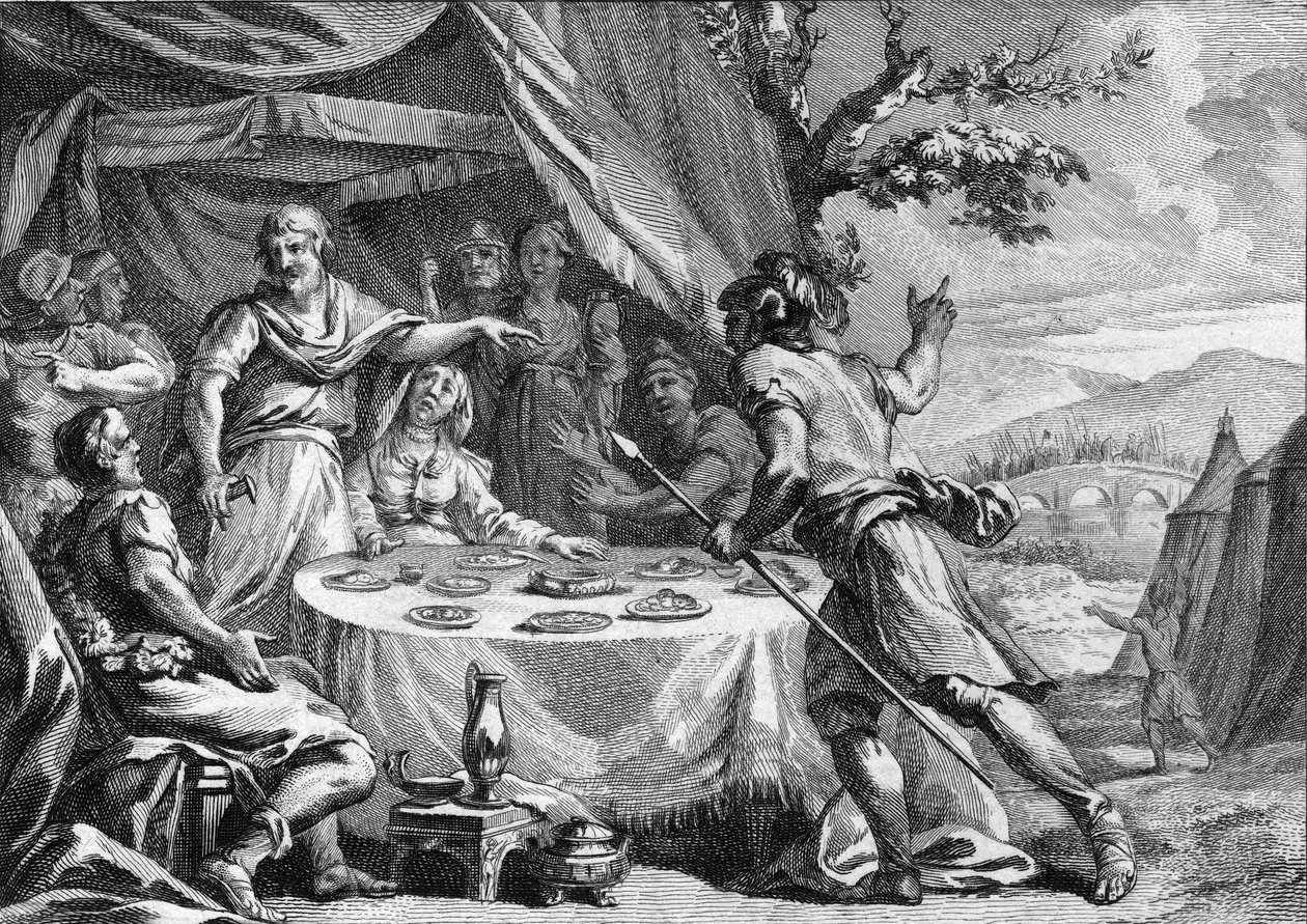 Clodion the Hair (circa 400-448), leader of the Salian Franks, learning of the surprise attack by the troops of General Aetius, Prefect of Gauls, in 432. Engraving of the 18th century by French School