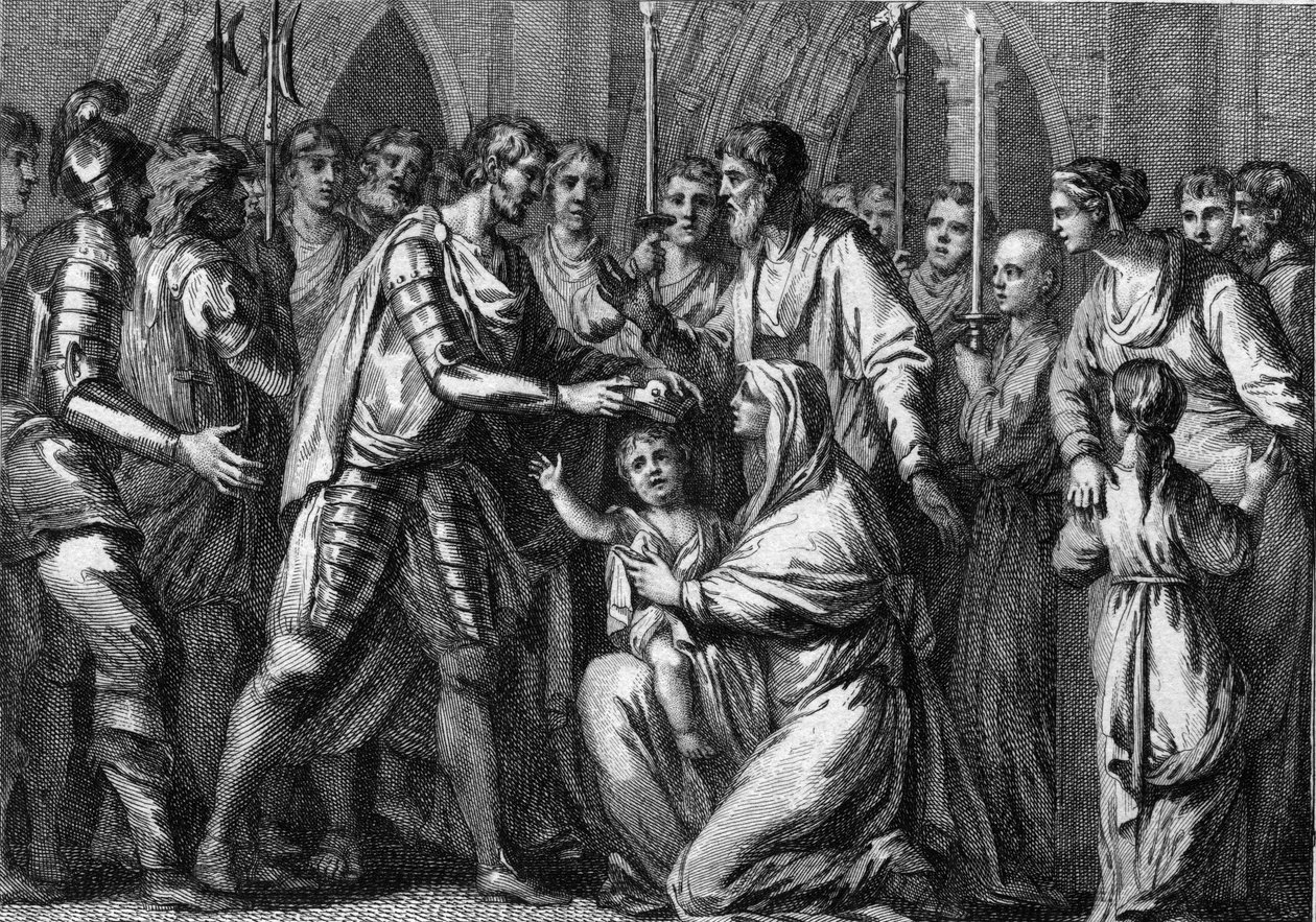 Clotaire II, known as the Young (584-628), crowned king of Neustria by his uncle, Gontran I (ca. 545-592), king of Orleans and Burgundy. His mother, Queen Fredegonde (ca. 545-597), holds him in her arms. 584. Engraving of the 18th century by French School