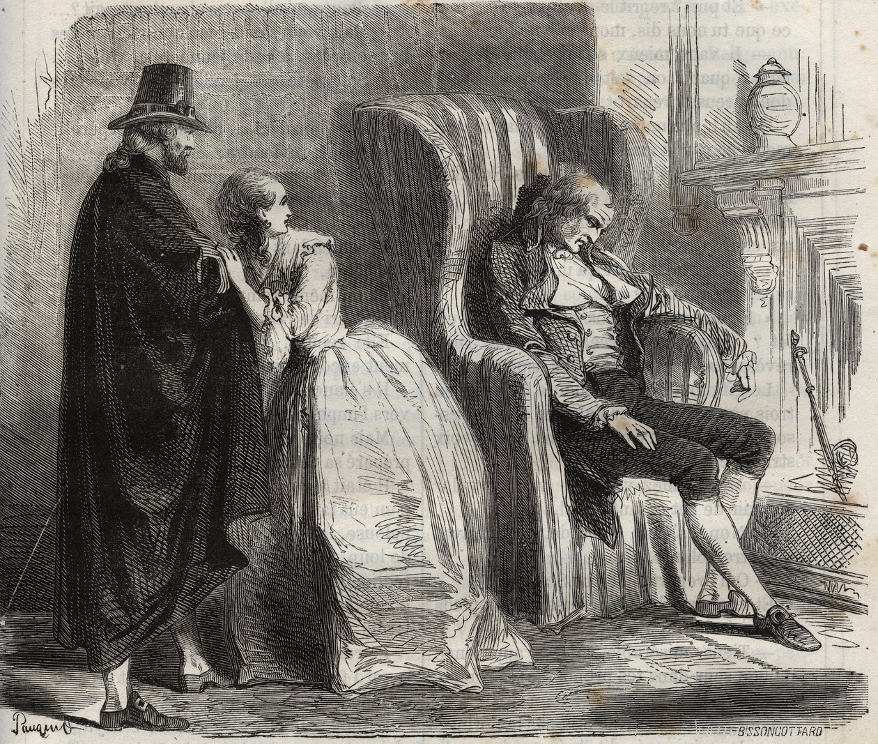 Clotilde Sprengel and Zacharie Bergmann watch German doctor Petrus Schultz asleep in front of the 18th century. Engraving from 1871 in 
