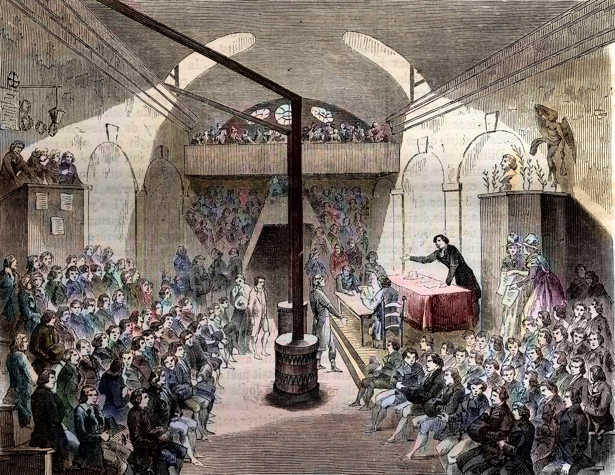 Club des Jacobins - Paris rue Neuve-St Honore 1789 - View of the club of Jacobins. Former convent of the Order of St Dominica - A session at the club of Jacobins, during the Revolution of 1789 - Engraving of 1844 - French Revolution. A session at the Jacob by French School