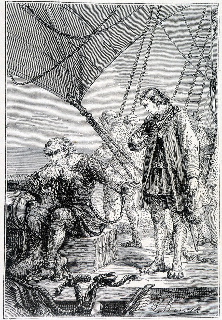 Columbus bound as a villain (on ship deck), illustration 