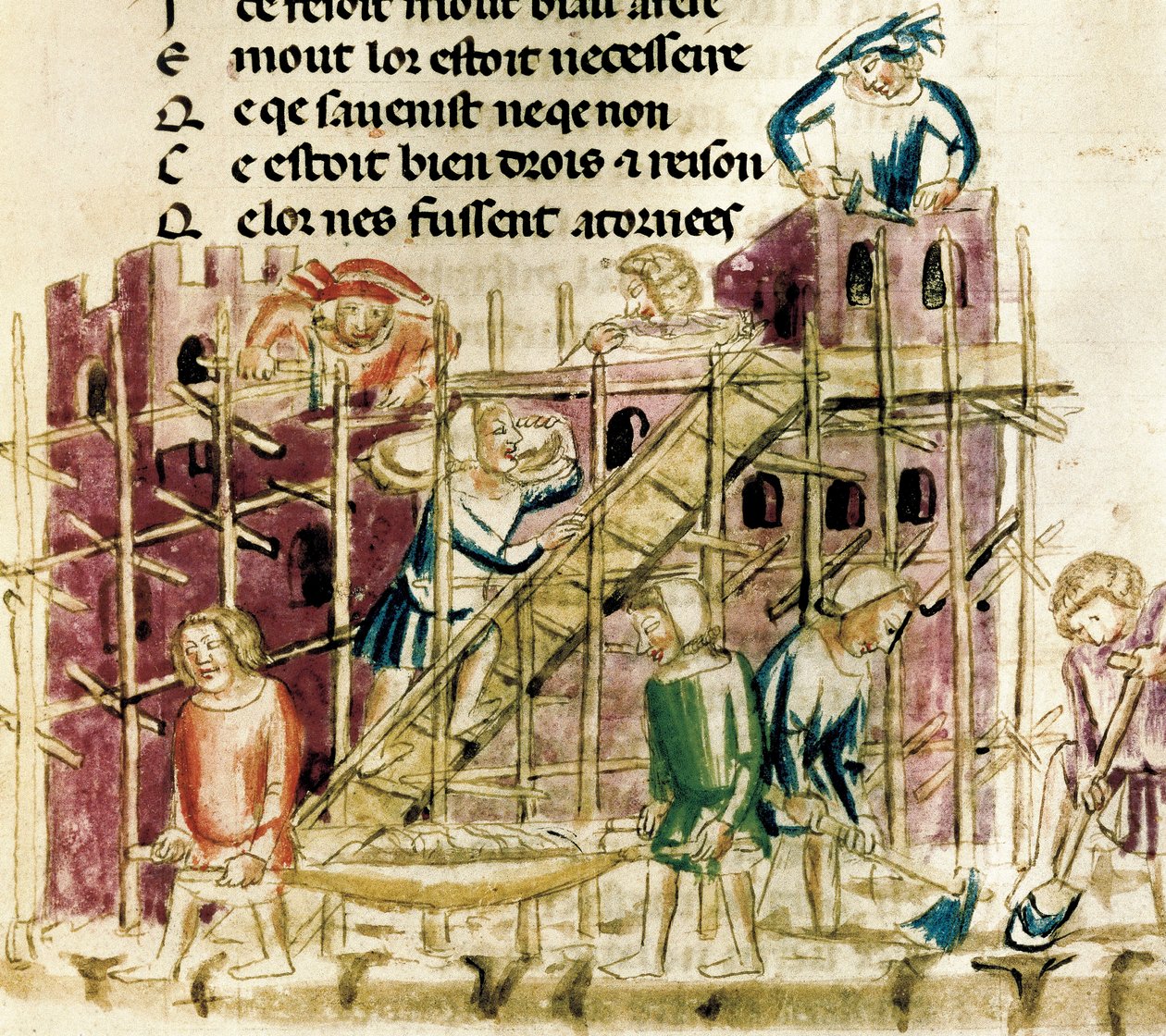 Construction of a fortress, Miniature of a 14th century manuscript Paris, B.N. by French School
