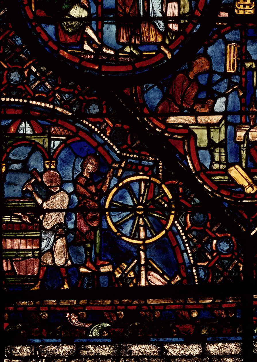 Coopers at work, detail from the Life of St. Julian the Hospitaller window in the north ambulatory by French School