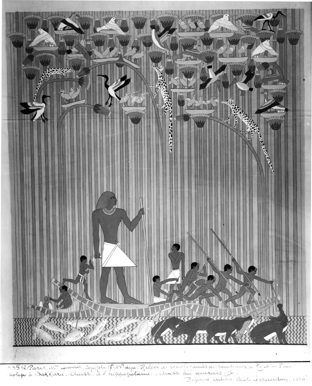 Copy of an Egyptian painted relief depicting Fishing and Harpooning Hippopotamus, from Tomb of Ti and Ptah-Hotep in Saqqara, 5th Dynasty, Old Kingdom by French School