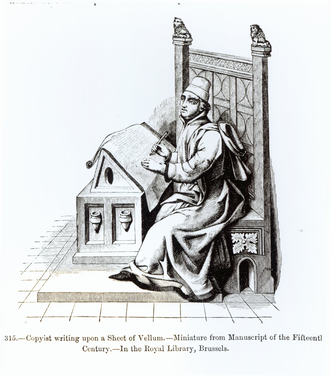 Copyist Writing upon a Sheet of Vellum, from a manuscript, illustration from Science and Literature in the Middle Ages and the Renaissance, written and engraved by Paul Lacroix, 1878 by French School