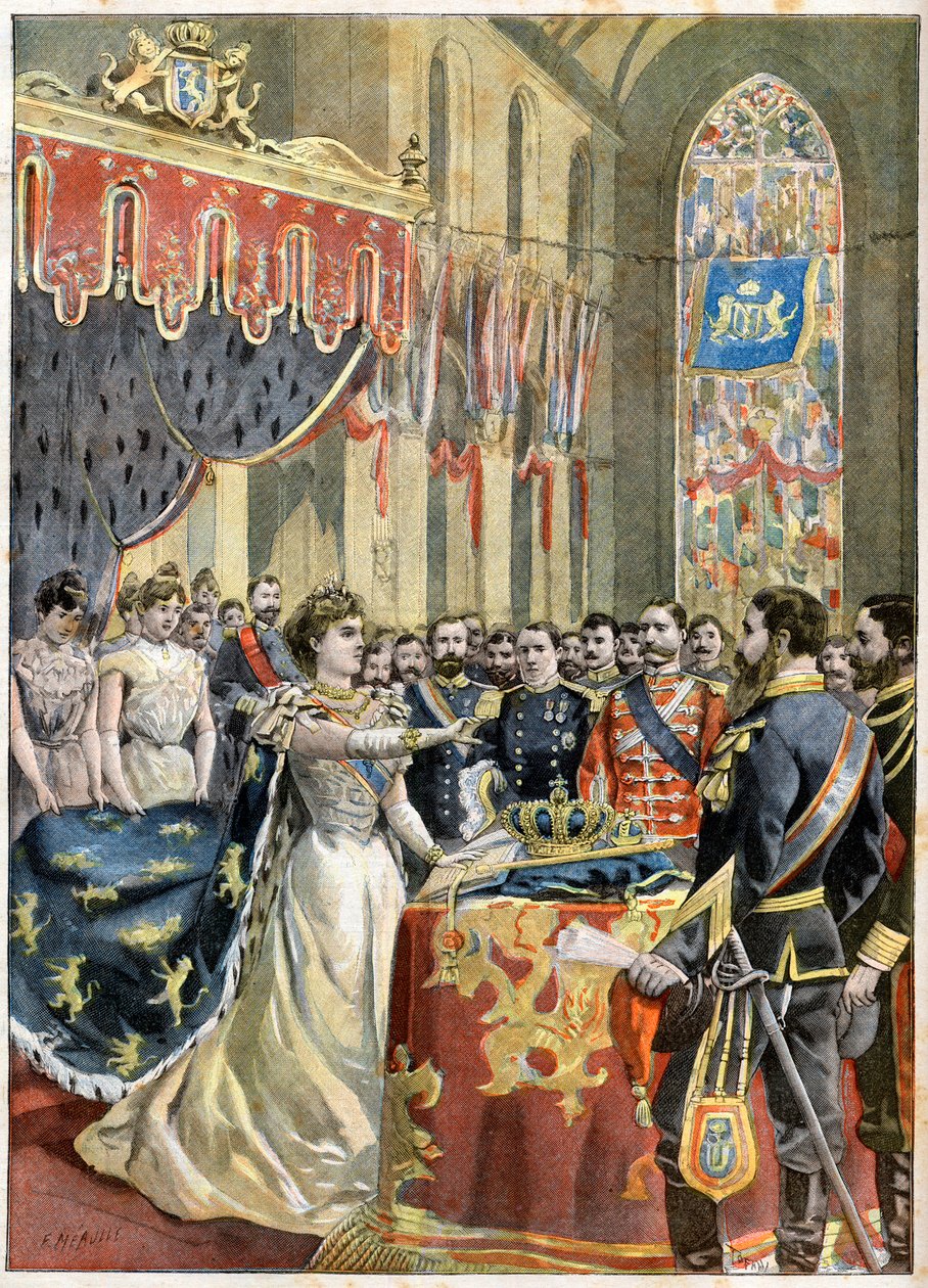 Coronation of Queen Wilhelmina of the Netherlands. Coronation of Queen Wilhelmina of Holland (1880-1962) in the Nieuwe Kerk in Amsterdam - Illustration for Le Petit Journal by French School