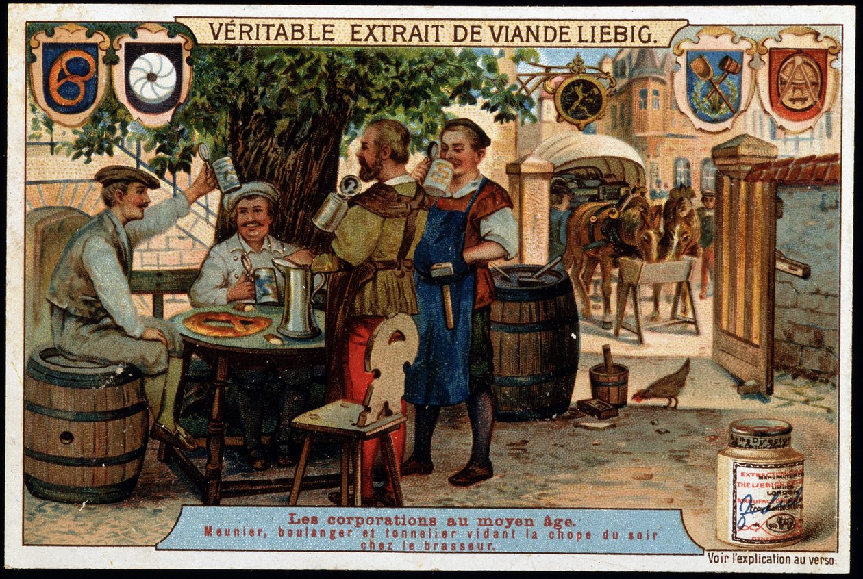 Corporations in the Middle Ages: miller, baker and cooperman emptying the evening mug at the brewer