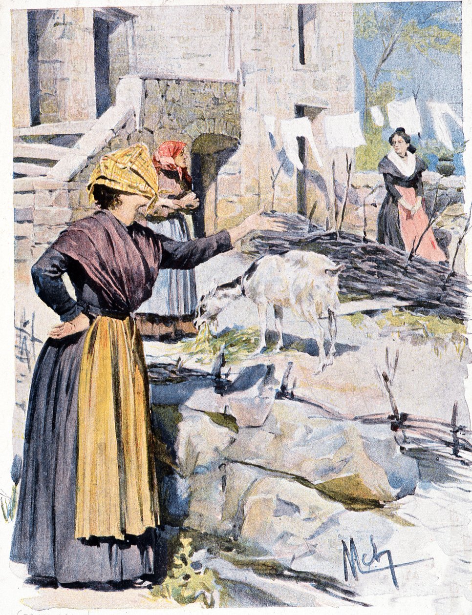 Corsican women in a village by French School