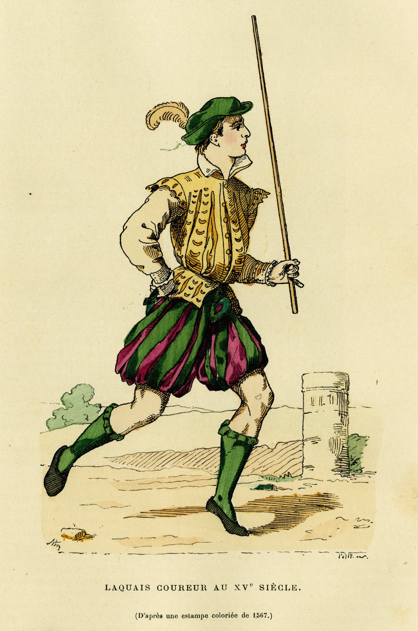 Costume of lackey runner in the 15th century. Colour engraving, in 
