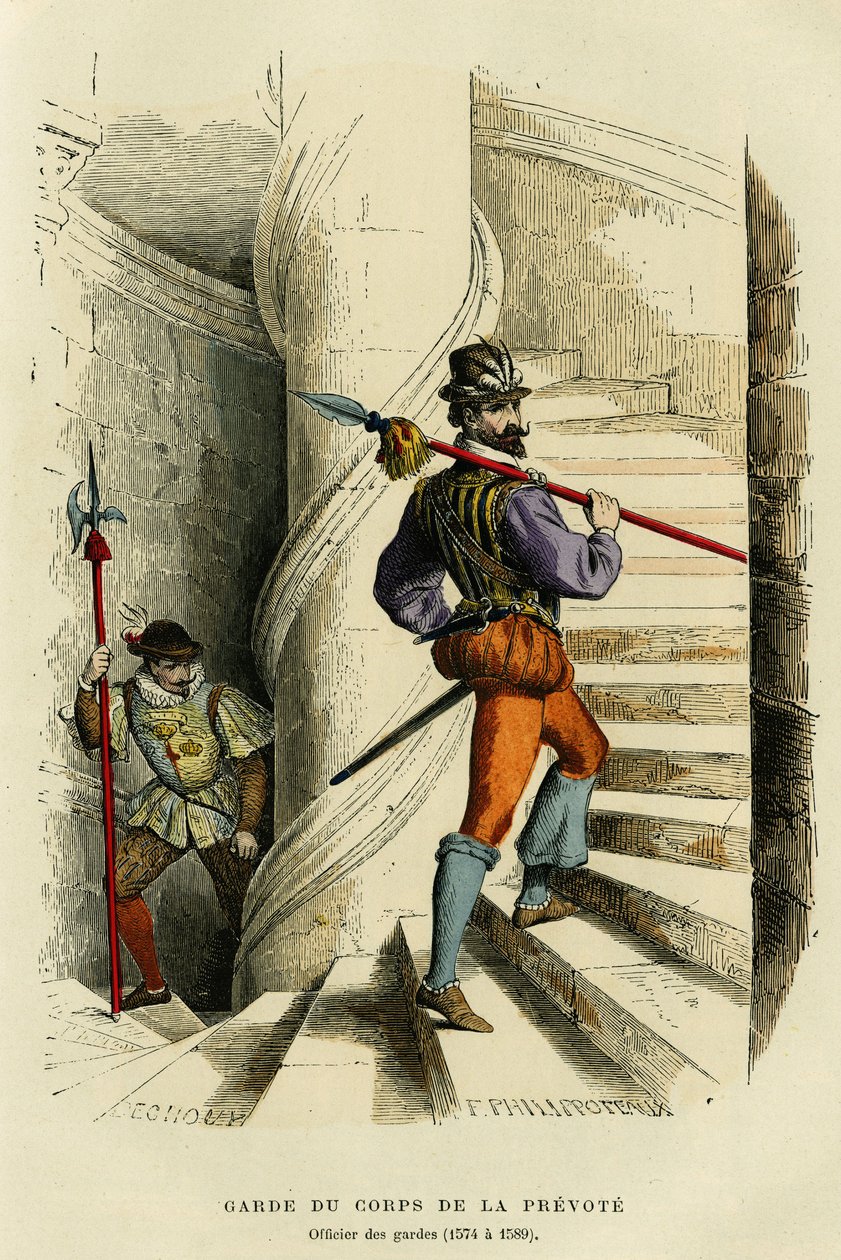 Costume of the bodyguard of the prévôt, followed by an officer of the guards (1574 to 1589). Colour engraving, in 