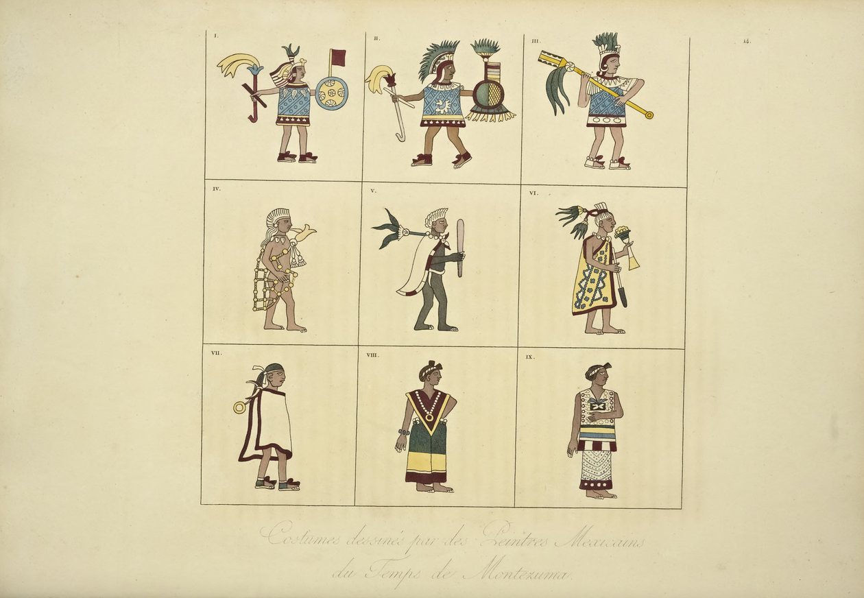 Costumes Designed by the Mexican Painters of the Time of Montezuma, Illustration from Vues des Cordillères et Monumens des Peuples Indigènes de l