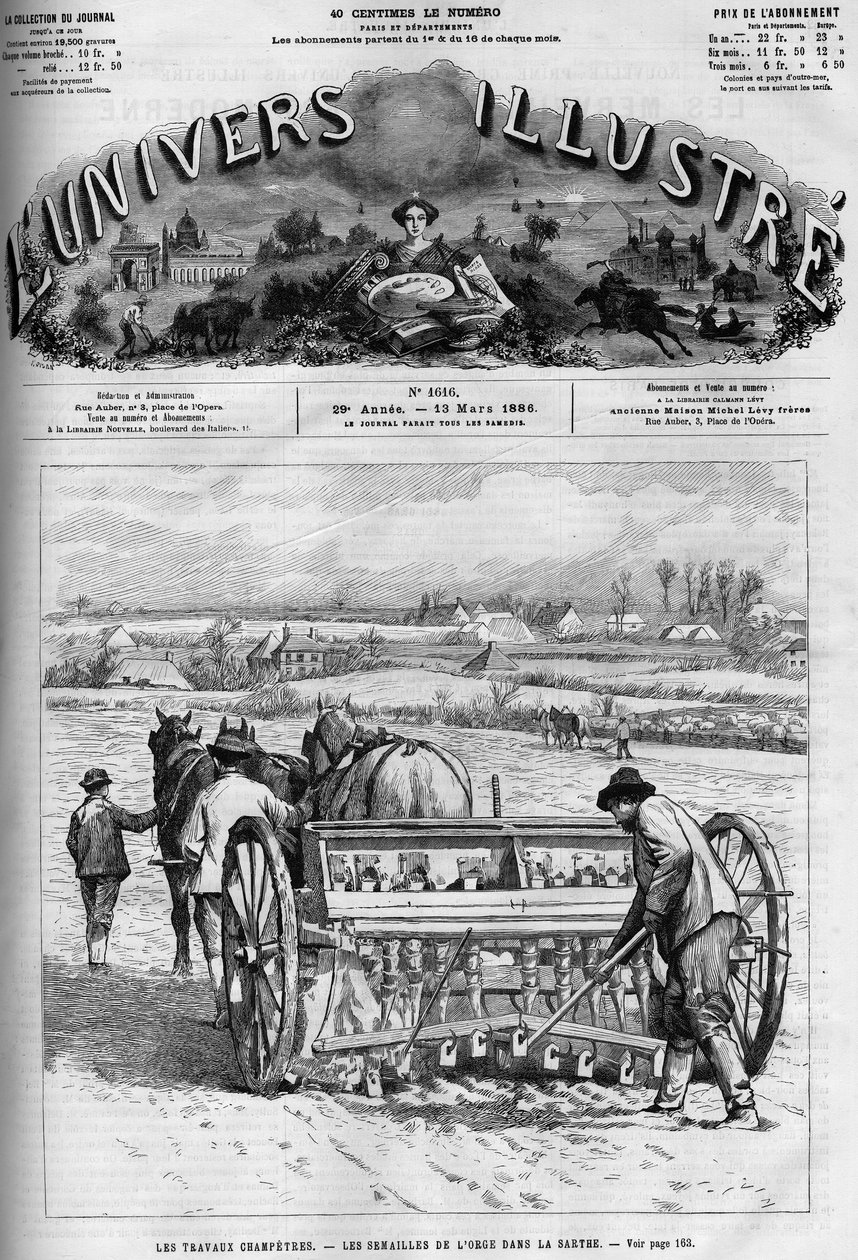Country work: sowing barley in the Sarthe. A newspaper. Engraving in Le Monde Illustre, March 13 by French School