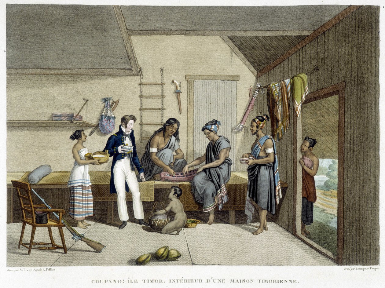 Coupang: Timor island, interior of a Timorean house by French School