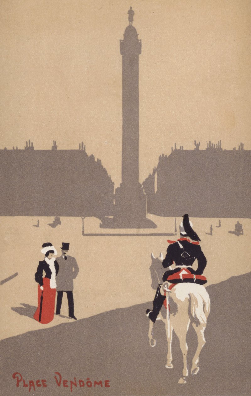Couple Watching a Mounted French Cavalry Soldier in Place Vendome, Paris by French School