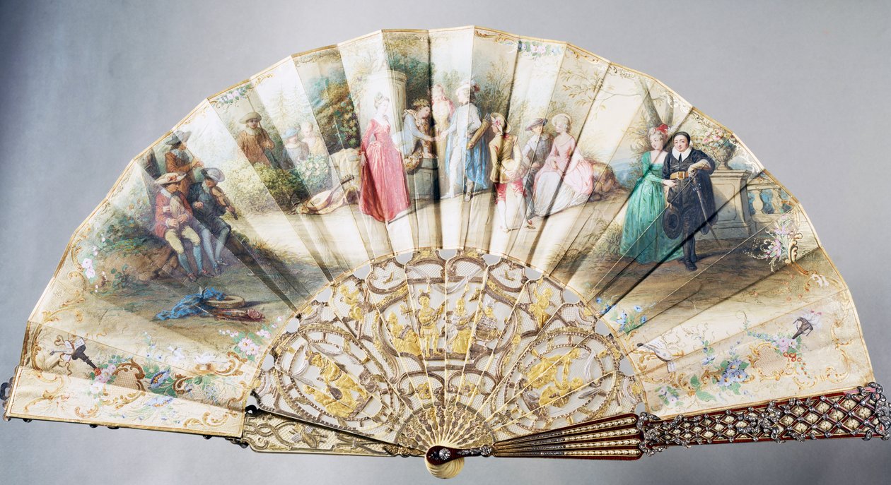 Court Hand Fan Depicting Love and Theatre, Covered Paper with Ivory Guard Stick Decorated with Enamels and Gilded and Silver Metals by French School