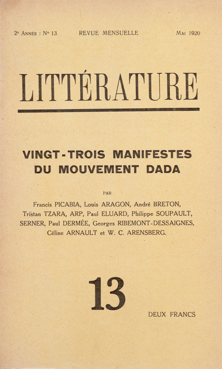 Cover of Litterature monthly literary magazine devoted to the Dada movement, May 1920 by French School