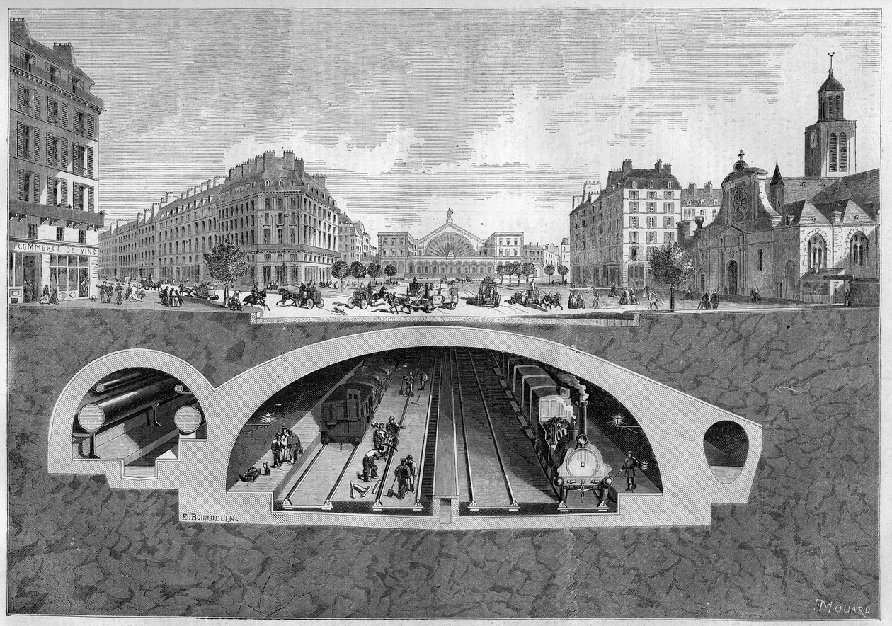 Cross section representing the underground railway project in Paris, from the Vilette to the central halls, in 1861. Engraving in 