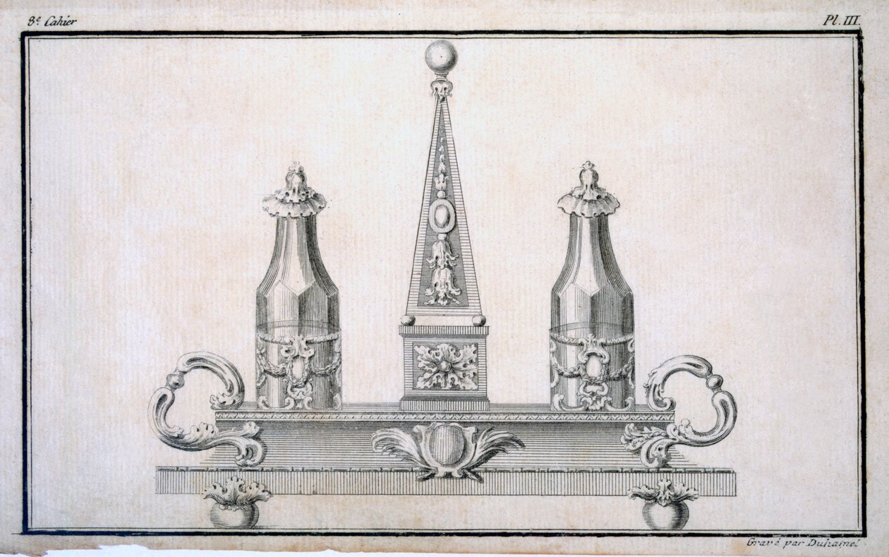 Cruet set on stand, from a pattern book of Neo-classical metalwork designs put together by Duhamel, c.1770s-80s by French School
