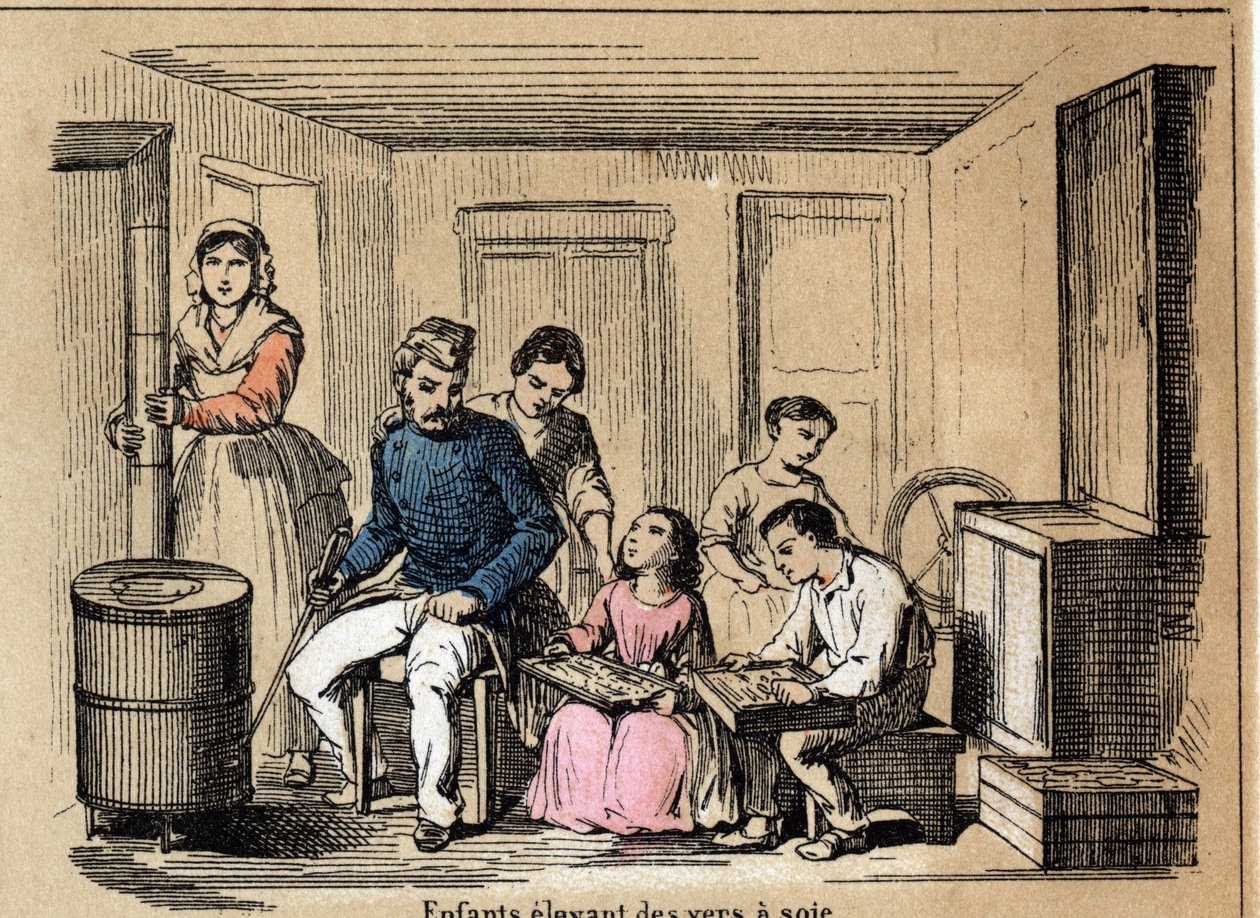 Description of culture and silk products: children raising silkworms. Plate 