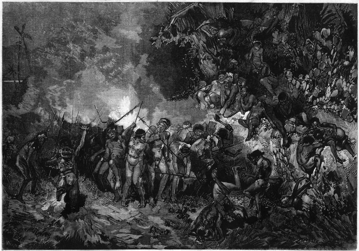 Custom of New Caledonia: Pilou pilou, traditional Kanak dance. Engraving in Le Monde Illustré n°772 of 27 January 1872 by French School