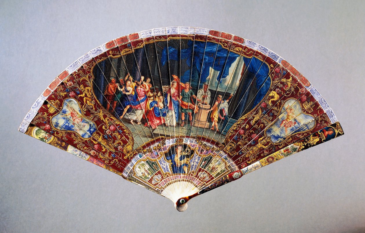 Damaged Vernis Martin-style Hand Fan Depicting Wedding of Nobility by French School