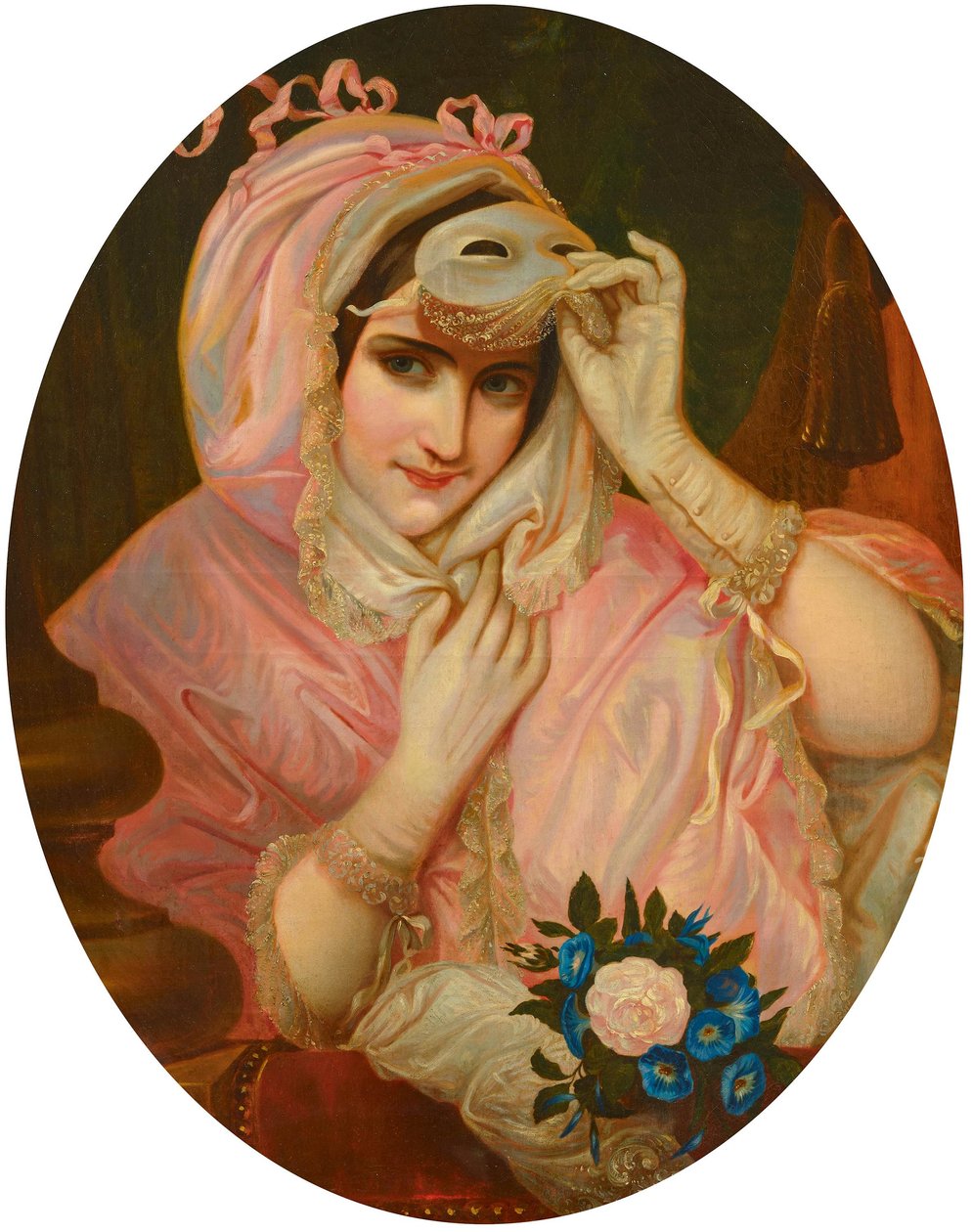 Lady with Mask in Pink Garment 19th Century by French School