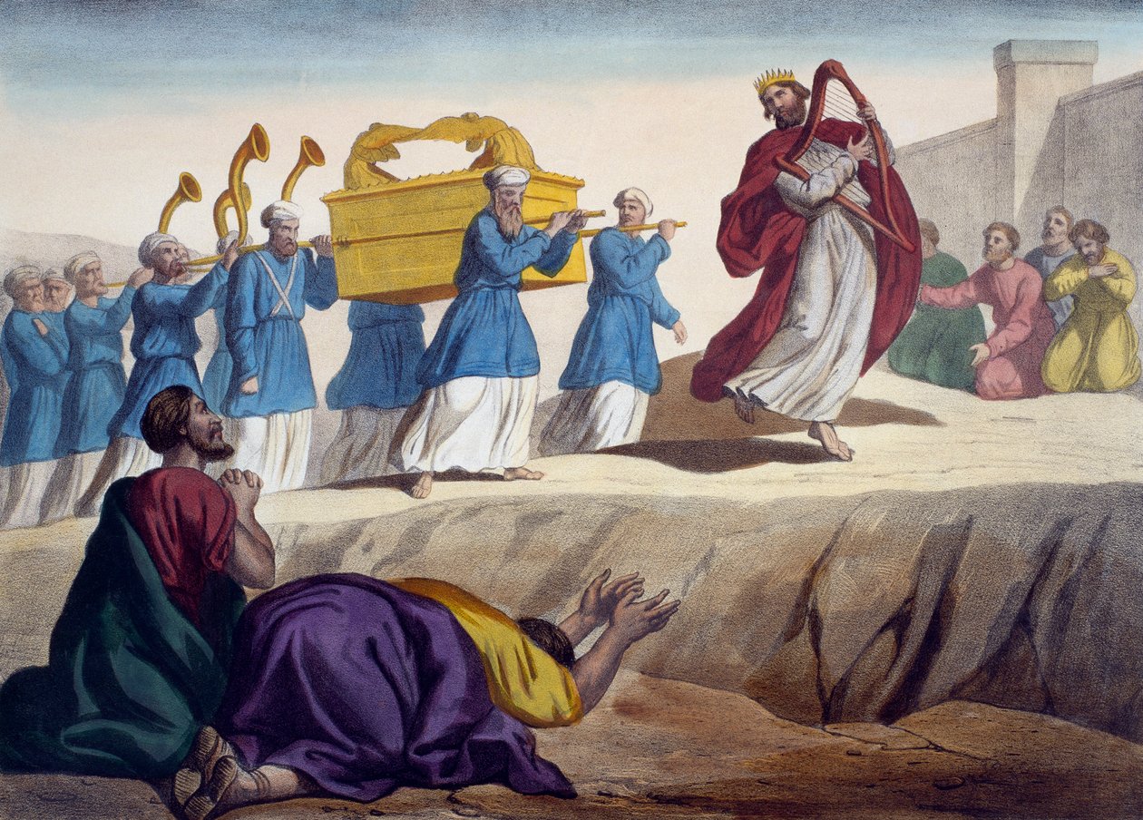 David escorting the Ark of the Covenant to Jerusalem, illustration from a catechism L