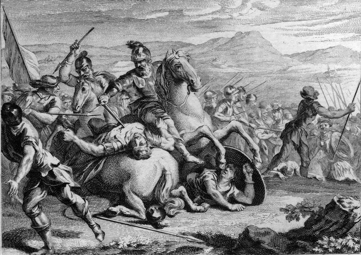 Death of Alaric II, 507: Clovis I, king of the Franks, killing Alaric II, king of the Visigoths, at the Battle of Vouille in 507. Engraving of the 18th century by French School