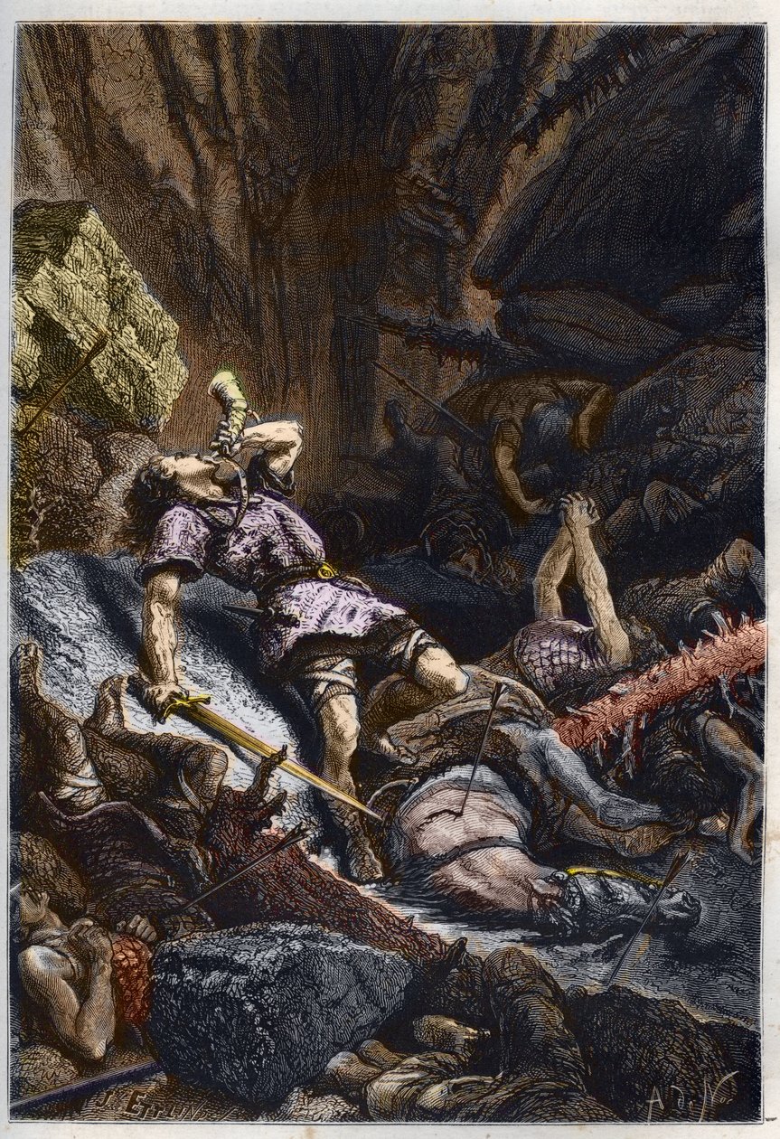 Death of the Knight Roland, nephew of Charlemagne, at the Battle of Roncevaux (778) opposing the Army of Charlemagne and the Saracens (engraving from L