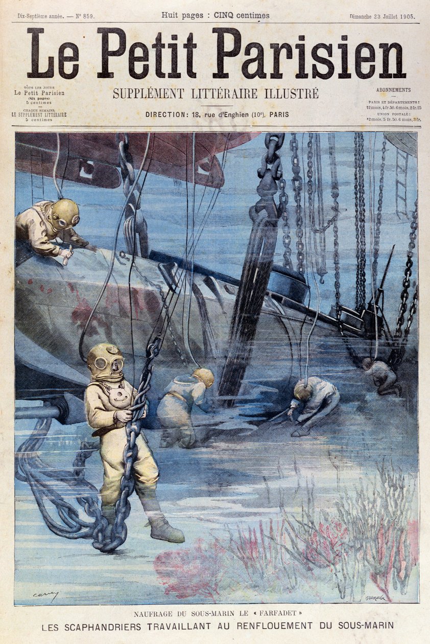 Deep Sea Divers Attempting to Raise the Farfadet, from Le Petit Parisien, 23rd July 1905 by French School