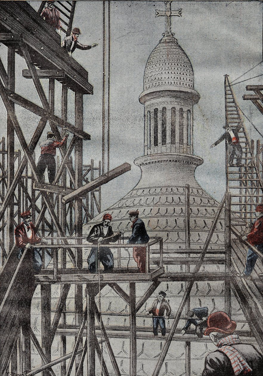 Demonstration of scaffolding unveiling the end of the construction of the dome of the Basilica of Montmartre. Engraving in 