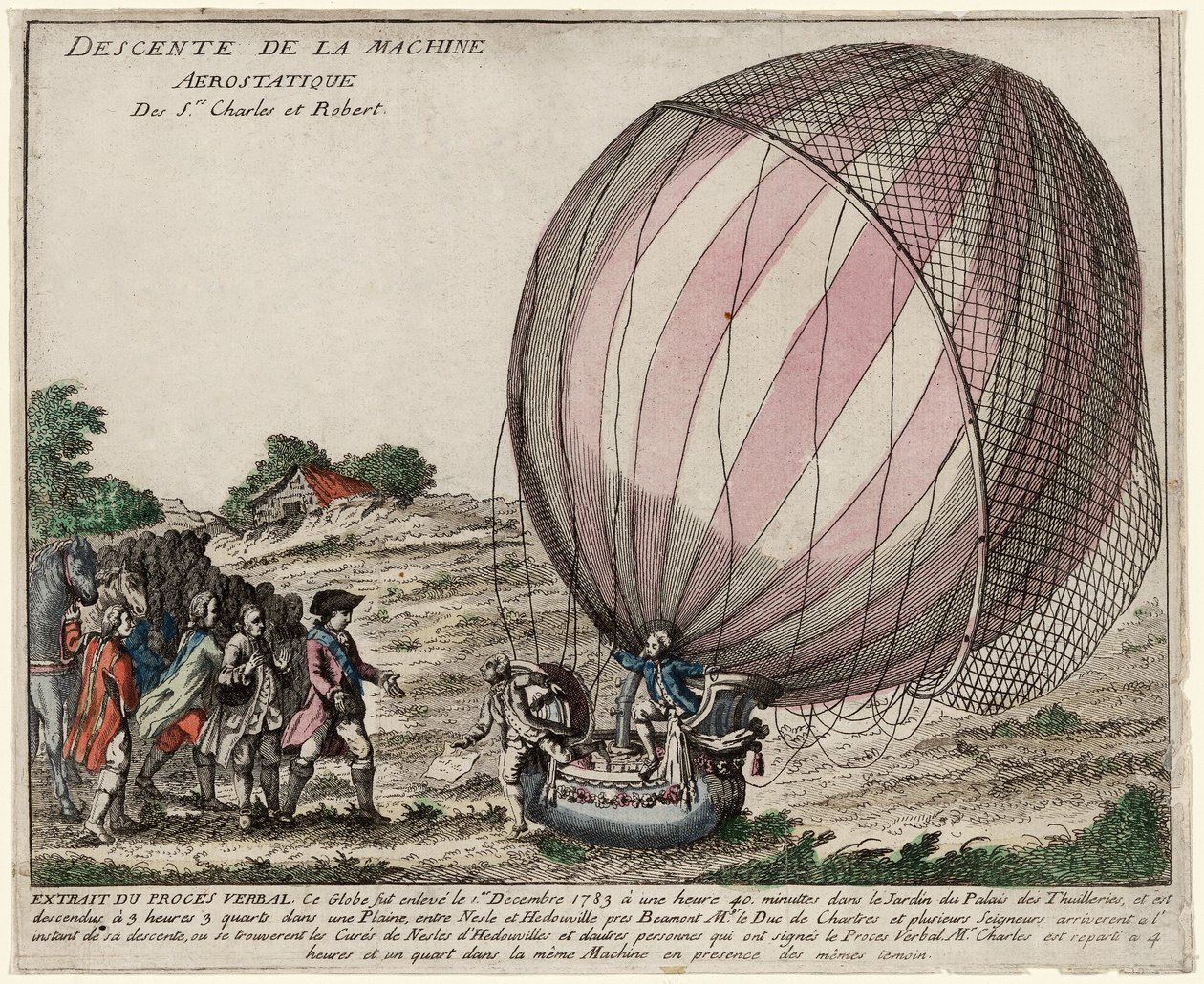 Descent of the Aerostatic Machine of Srs. Charles and Robert, pub. 1783 by French School