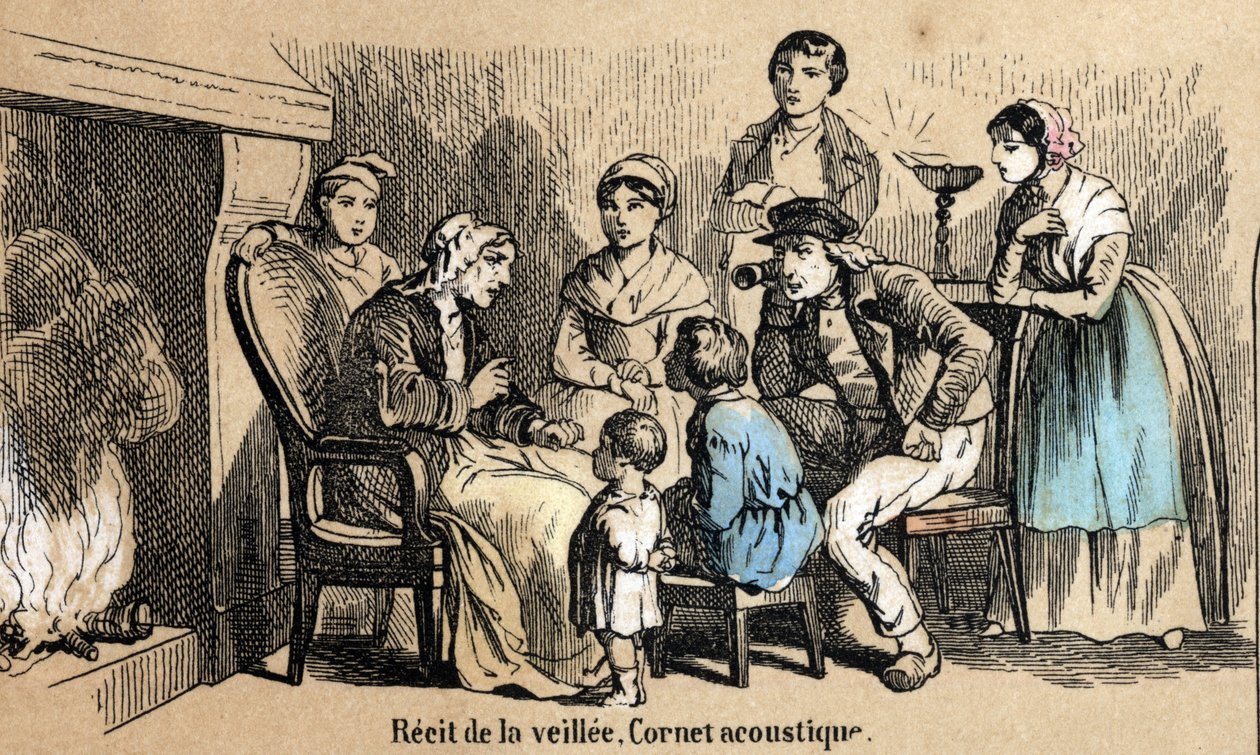 Description of the five senses: detail of the hearing, the recits during the night in the cottages, an old man uses an acoustic cone. Plate 