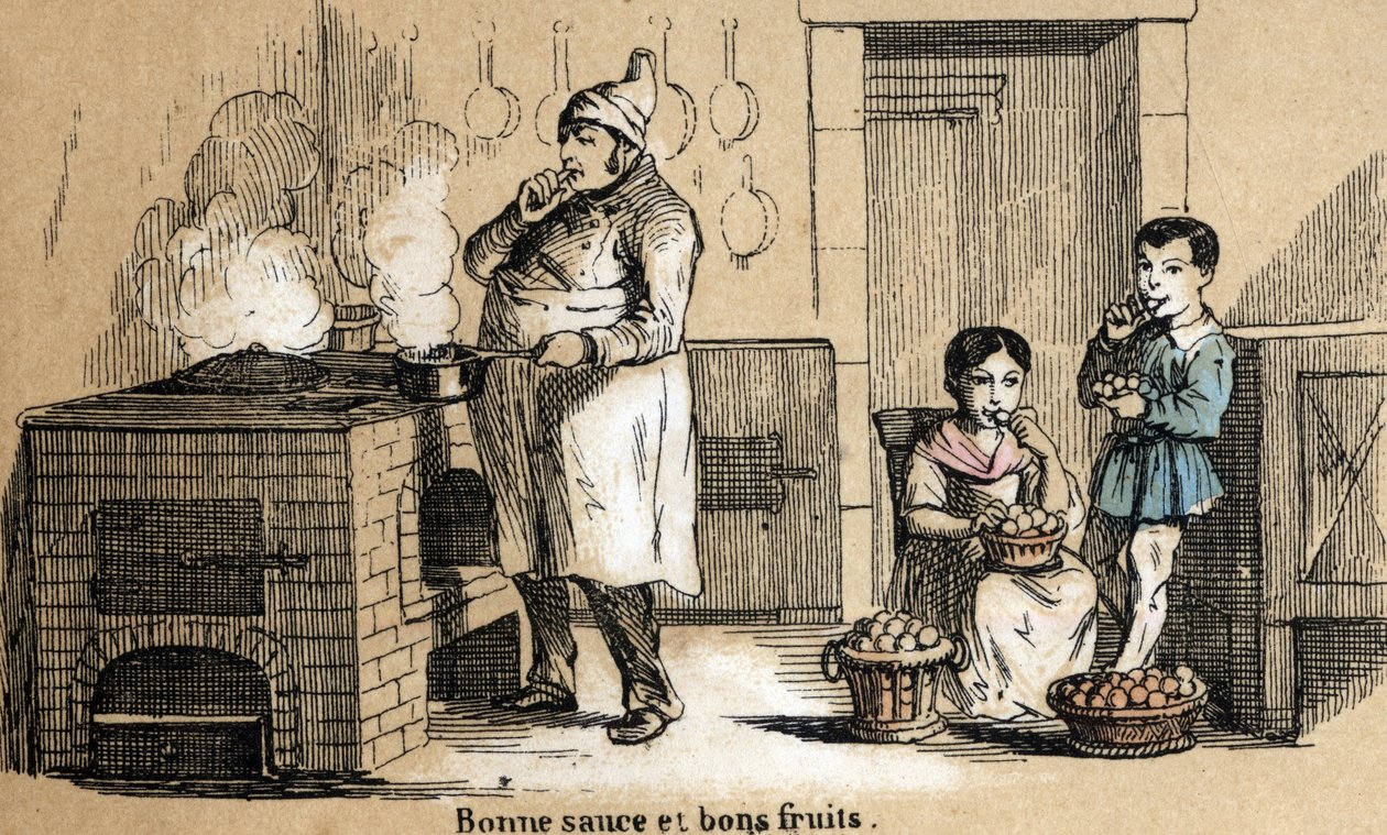 Description of the five senses: detail of the taste, a cook savours his sauce and children crunch in fruit. Plate 