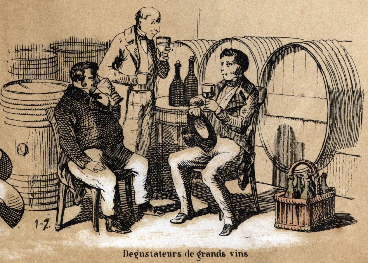 Description of the five senses: detail of the taste, the tasters of fine wines at the developpe palate savour glasses in a cellar. Plate 