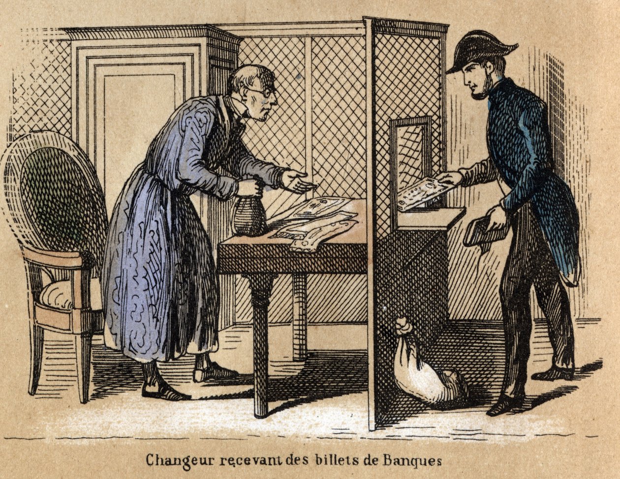 Description of the various products and uses of paper: a transaction at the bank, a banker receives paper banknotes. Plate 