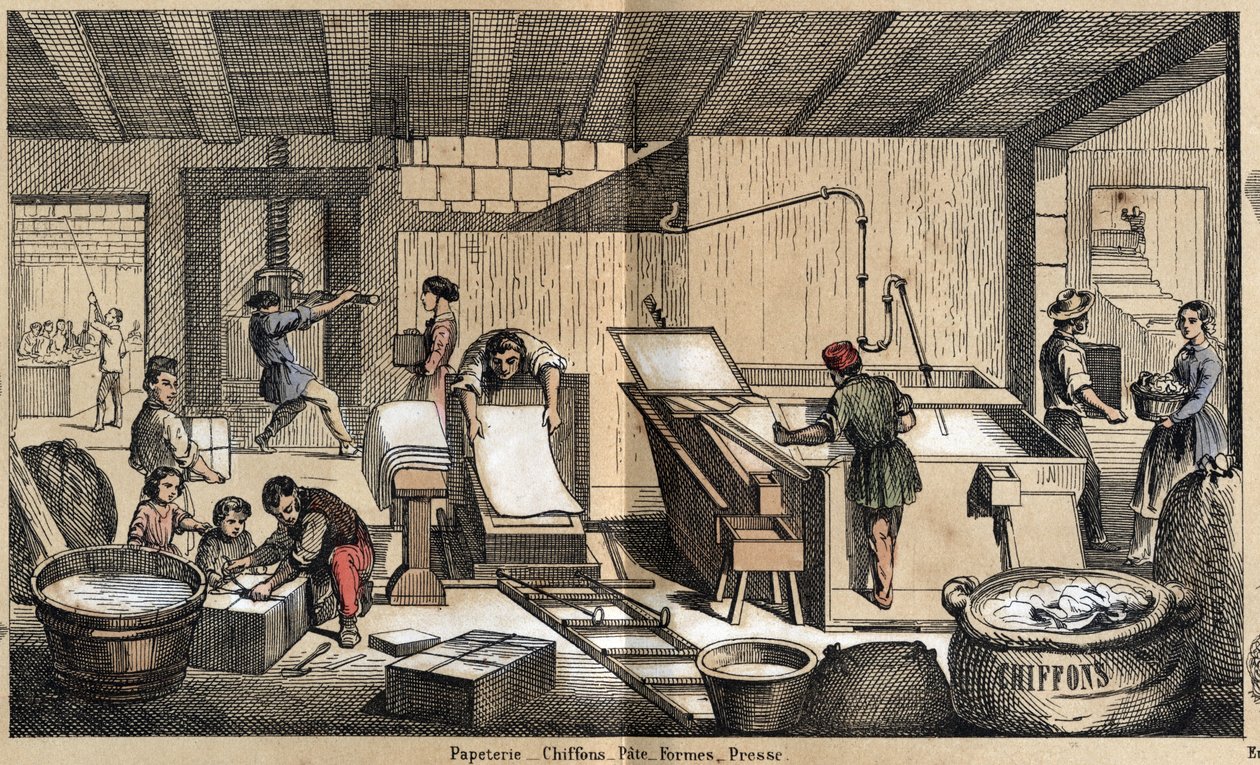 Description of the various products and uses of paper: activities in a stationery, making paper from rags, pulp, shapes and press. Plate 