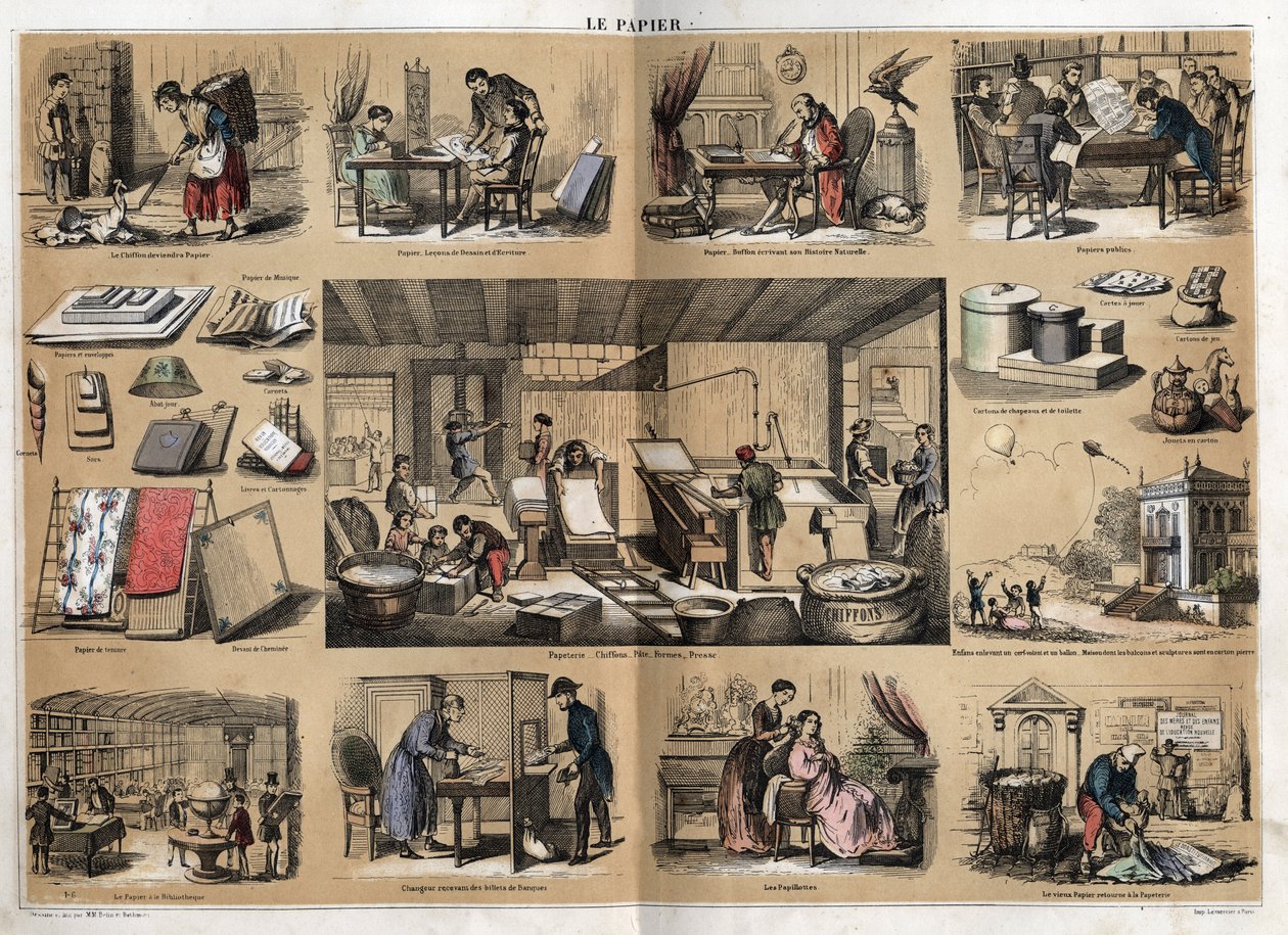 Description of the various products and uses of paper: at the centre are activities in a stationery, making paper from rags, pulp, shapes and press. Various uses, drawing paper, scientist Buffon writing his Natural History, reading public papers (newspaper by French School