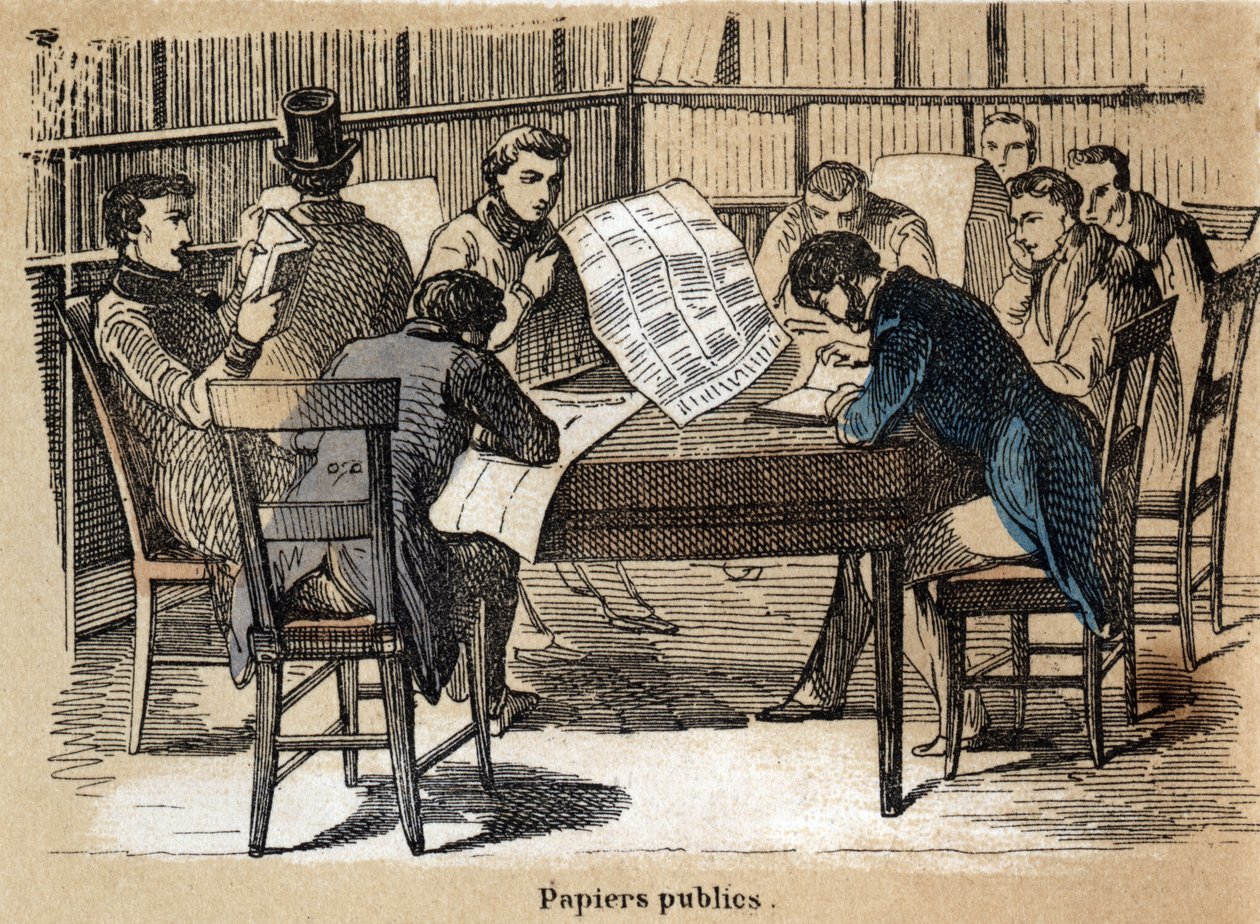 Description of the various products and uses of paper: reading public papers (newspapers). Plate 