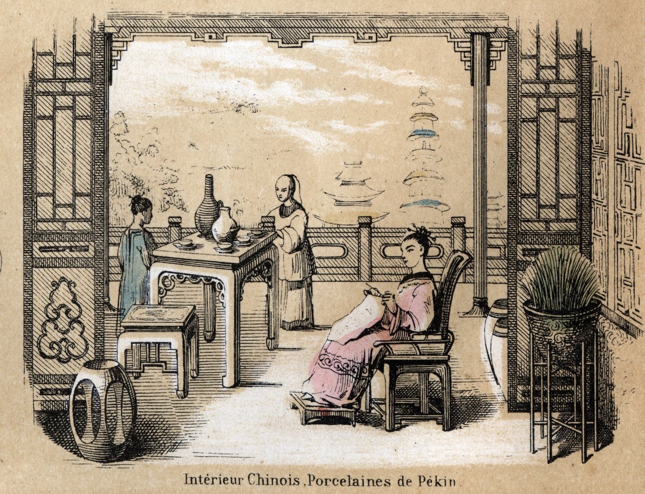 Beschreibung der verschiedenen Herstellungsschritte und Verwendungen von Ton: ein chinesisches Interieur mit Pekinger Porzellan. Tafel „Der Ton und seine Produkte“ in „Les Recreations instructives“. Synoptisches Gemälde von Jules Delbruck, Gravur von 1860. von French School