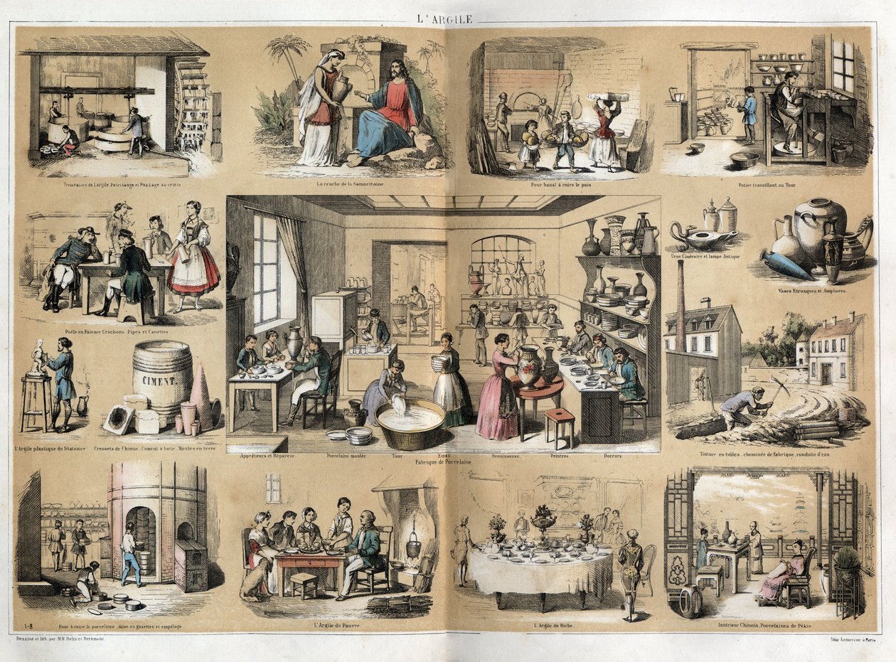 Description of the various stages of manufacture and uses of clay: in the centre a workshop for the manufacture of porcelain (painting, gilding, repairing), at the top stage of crushing the clay and then of its peeling, then description of the oven to bake by French School