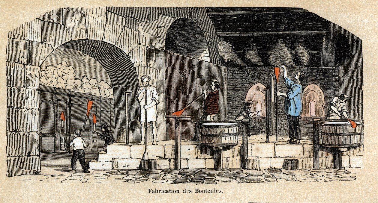 Description of the various stages of manufacture and uses of glass: the manufacture of bottles in a glass blower workshop. Plate 